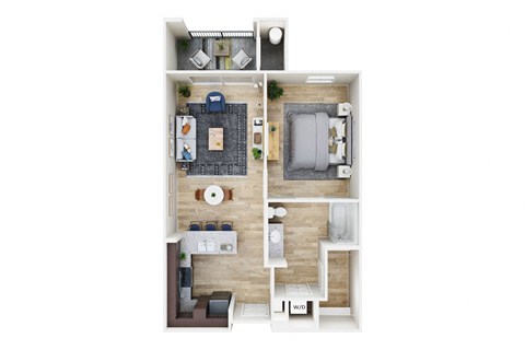 Floor plan for 1 bed, 1 bath, 677 sqft